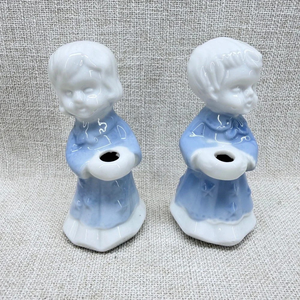 Vintage Blue White Ceramic Choir Boy Girl Figurines Candle Holder Set of 2